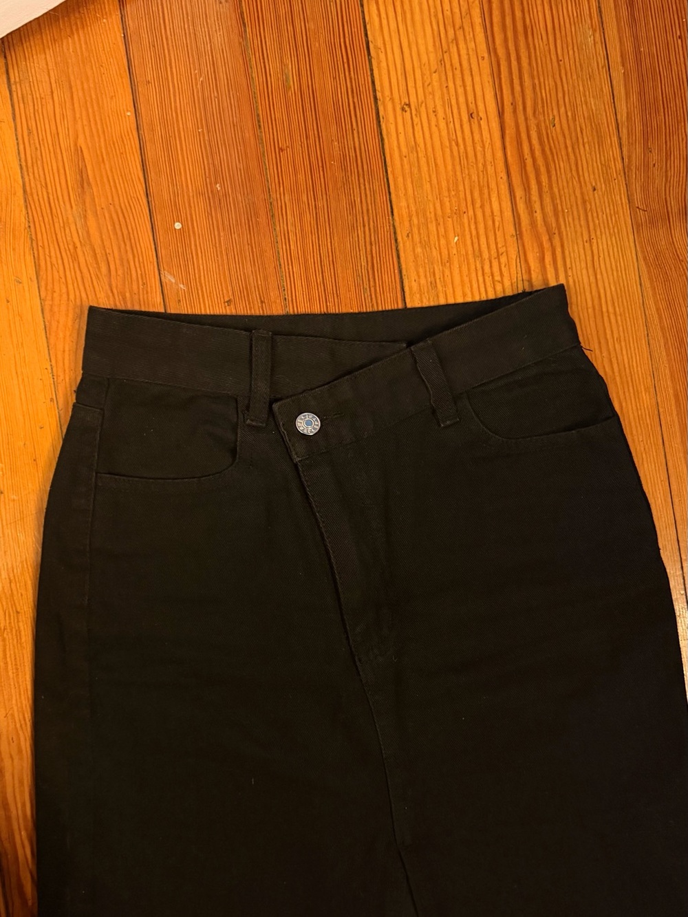 Black Demi Midi Pencil Skirt with Front Slit + Asymmetric Waist - Picture 2 of 9